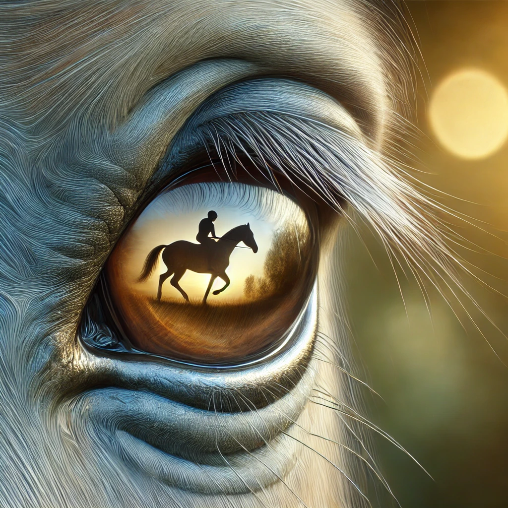 A realistic depiction of a horses eye up close capturing the unique structure and reflections. The image should show the anatomy of the eye with att