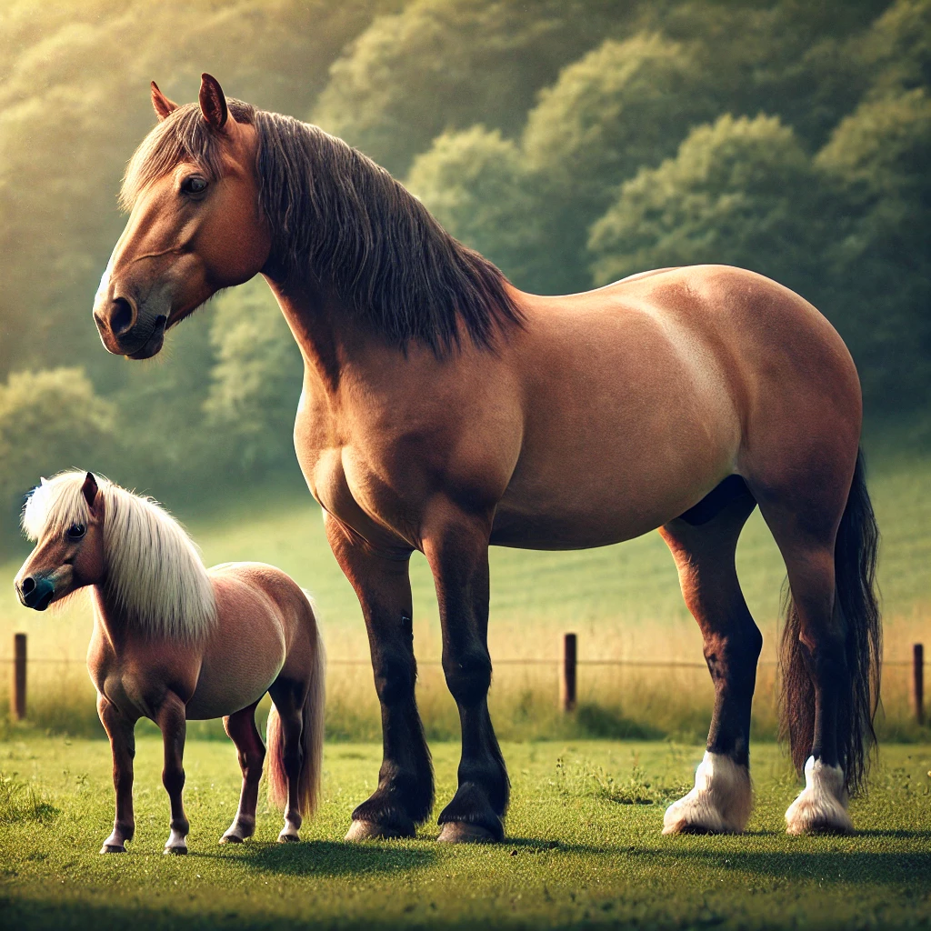 DALLE 2024 10 27 01.47.37 An image of a horse and a pony standing side by side on a green meadow or pasture. The horse has an elegant stance with long legs while the pony has 